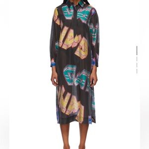 NWT $345 Ganni Black Graphic MIDI Button Up Long Sleeve Dress Sheer Black 32